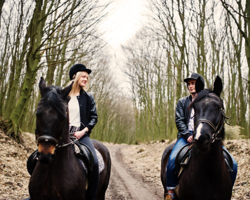 Young stylish couple riding on horses at autumn forest.